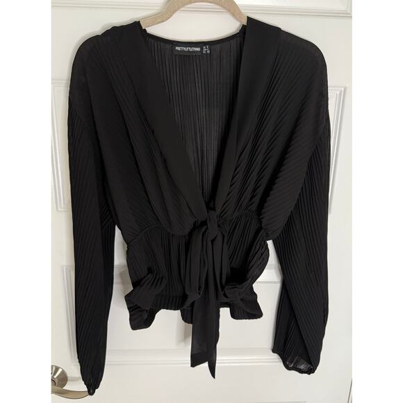 PrettyLittleThing Black Pleated Long Sleeve Tie-Front Blouse – Size 4 - Picture 1 of 4